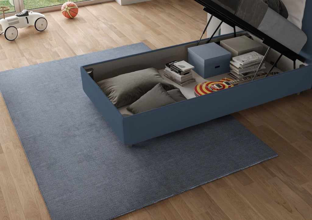 BS COM Letto singolo contenitore imbottito 90x190 microfibra blu