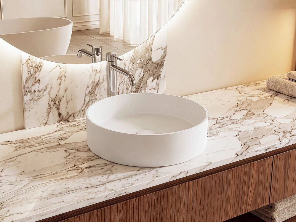 Lavabo da appoggio in Solid Surface, rotondo, bianco stile elegante