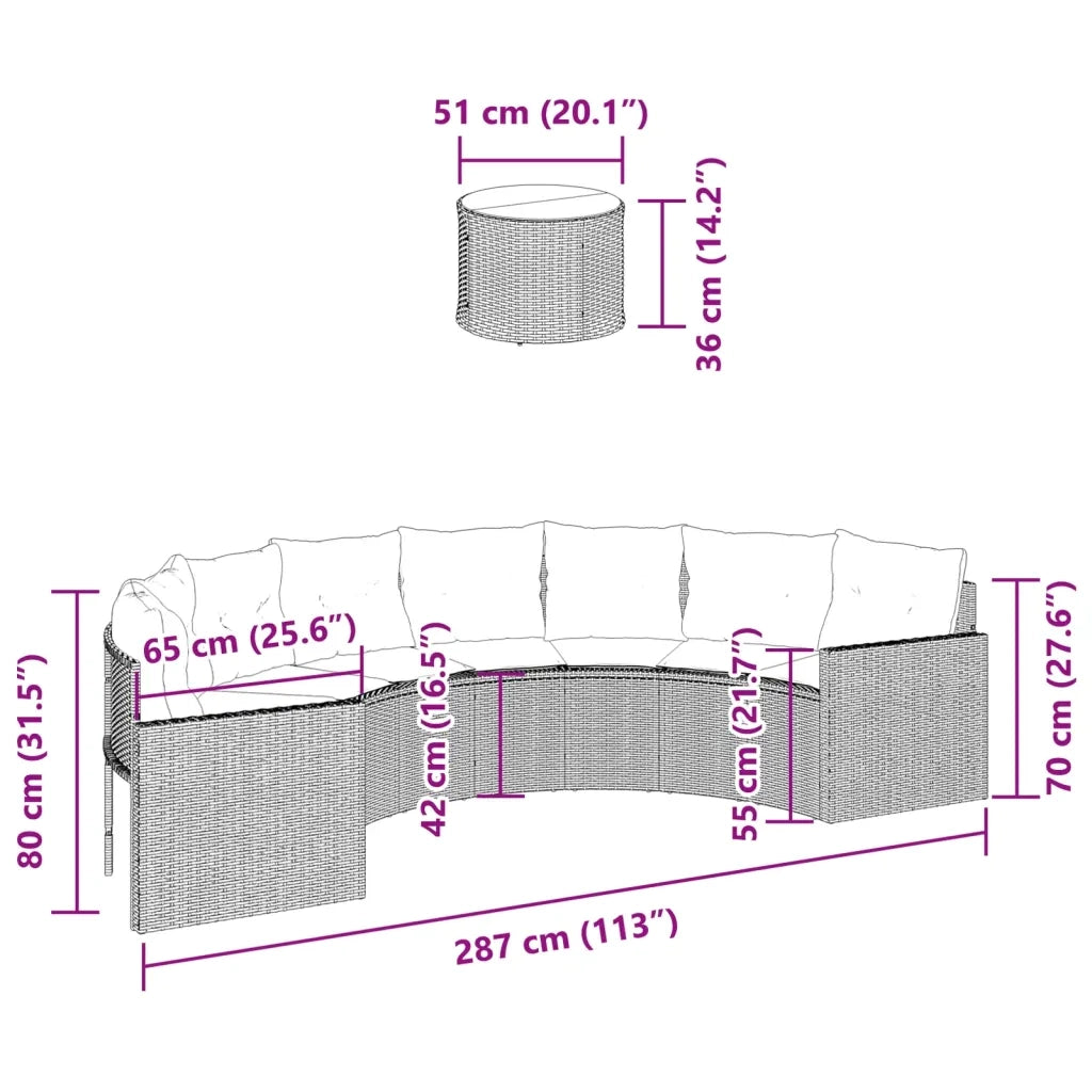 Divano Giardino Tavolo e Cuscini Semicircolare Nero Polyrattan 3318517