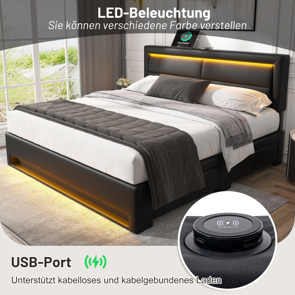 LETTO imbottito 140x200 cm PU nero con USB, LED e 4 cassetti