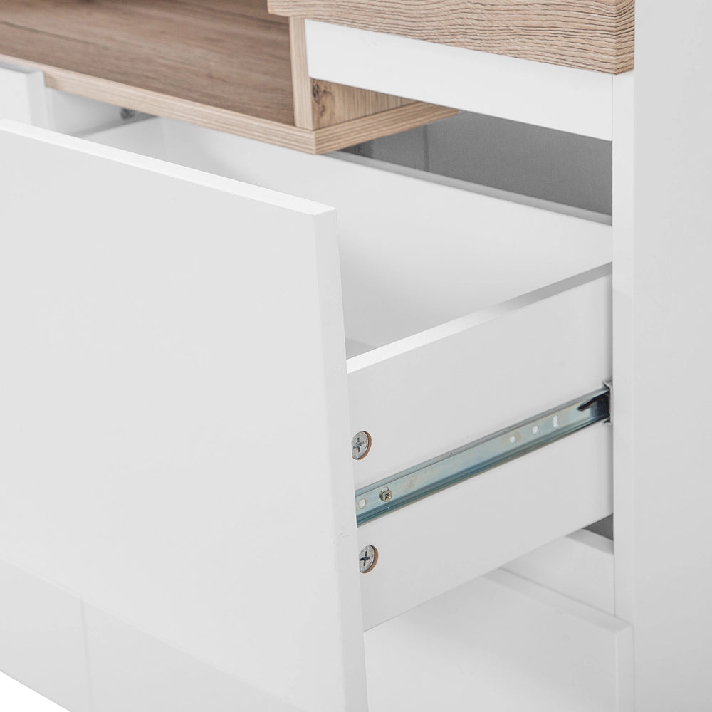 Madia credenza Bianca e Legno Chiaro 75 x 110 x 40 cm con Mobiletto e 2 Cassetti