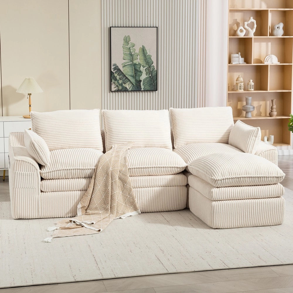 Divano modulare 3 posti con pouf - Zephmum - Beige - Cuscini e tasche laterali, schiuma a 3 strati