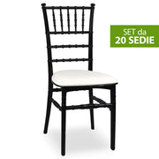 Set da 20 Sedie Chiavarine Plastica nere con cuscino similpelle bianco