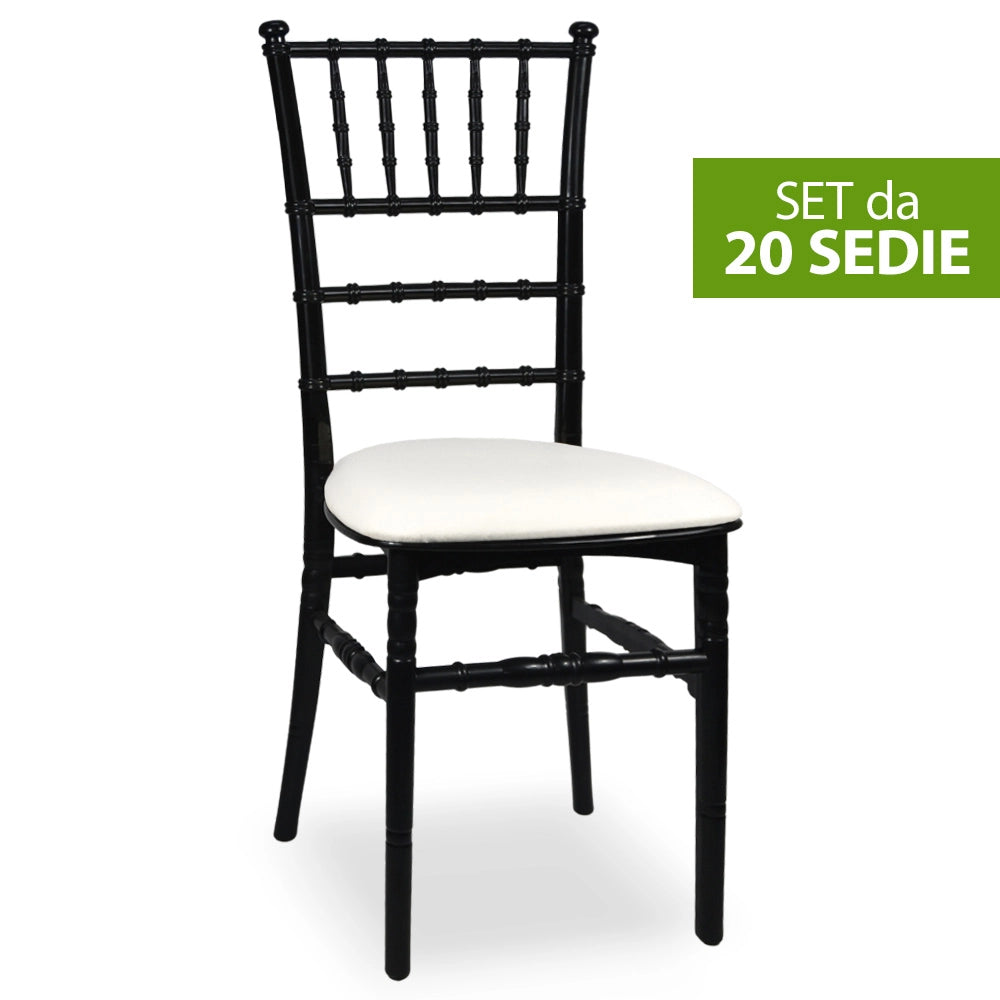 Set da 20 Sedie Chiavarine Plastica nere con cuscino similpelle bianco