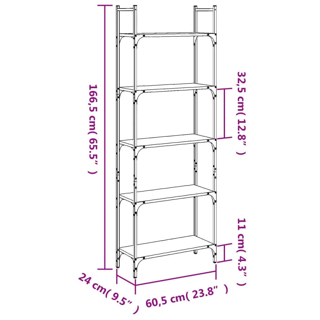 Libreria 5 Ripiani-Scaffale per Libri-Mobile di Stoccaggio Rovere Fumo 60,5x24x166,5cm Legno Multistrato