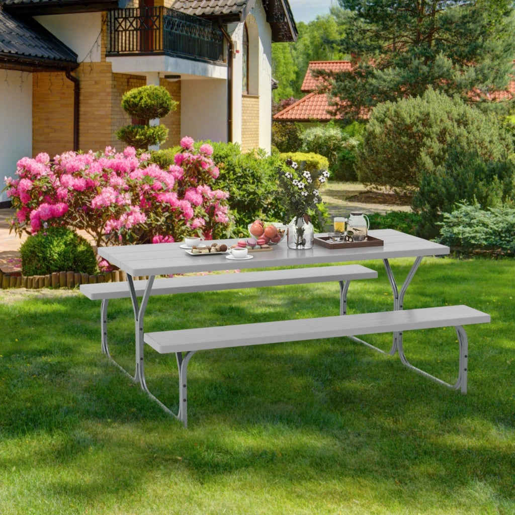 Tavolo da picnic con 2 panche da 183cm, Tavolo da pranzo con telaio in metallo piano in HDPE foro per ombrellone Grigio-Tavoli e sedie da campeggio