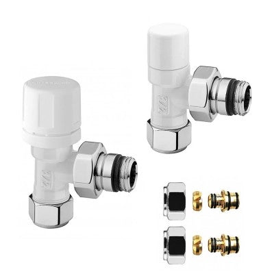 Kit valvola termostatica e detentore raccordi multistrato 16x2 in acciaio bianco