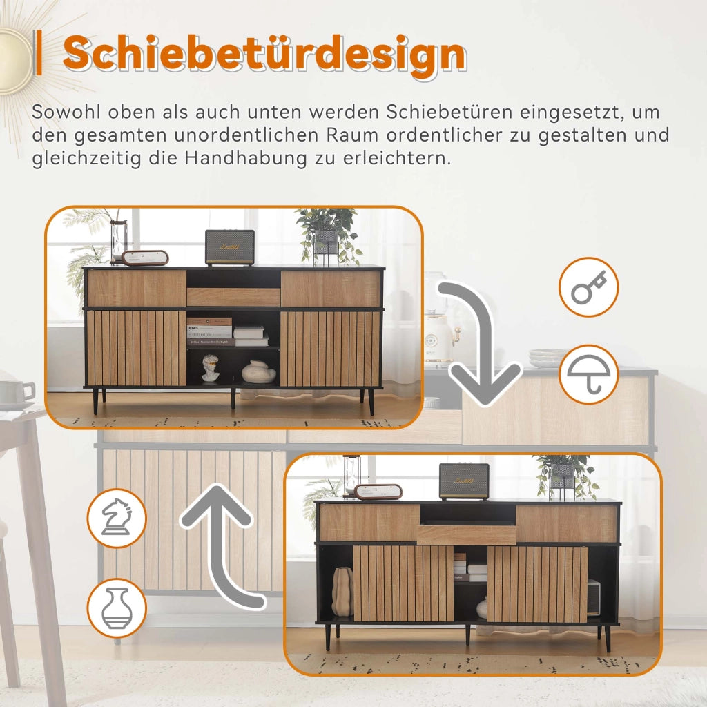 Credenza con 4 ante scorrevoli, 1 cassetto e ripiani regolabili per soggiorno, nero e naturale, 160 × 40 × 80 cm