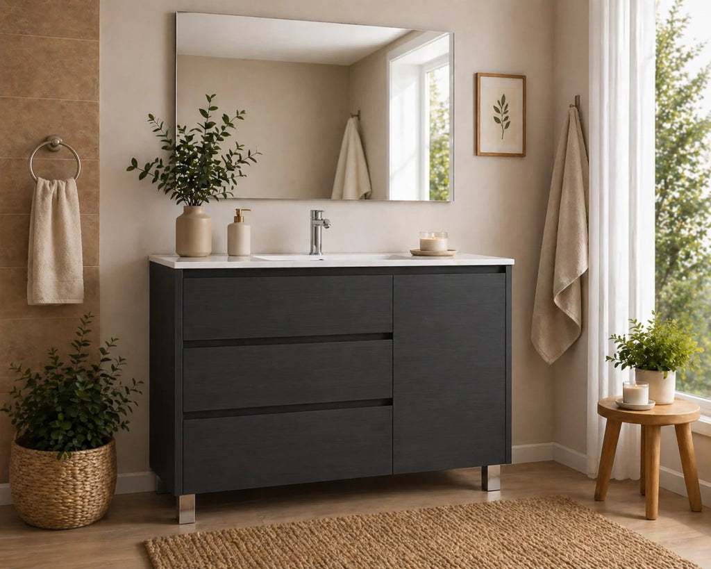 Mobile Bagno VOLUM Già Montato 3 cassetti e porta, lavabo e specchio Grafite 100x45 cm