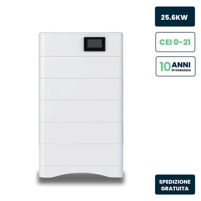 Kit 5 Moduli di Accumulo Impilabili Alta Tensione 25kWh LiFePO4 BMS Integrato, Inclusa Base e Box di Controllo, 100Ah, 252.6V, IP65, CEI 0-21 Garanzia 10 Anni SKU-120025