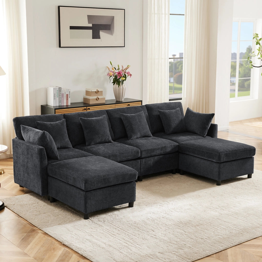 Divano modulare convertibile in forma U e L - Zephmum - Con 2 pouf e 6 cuscini in tessuto chenille