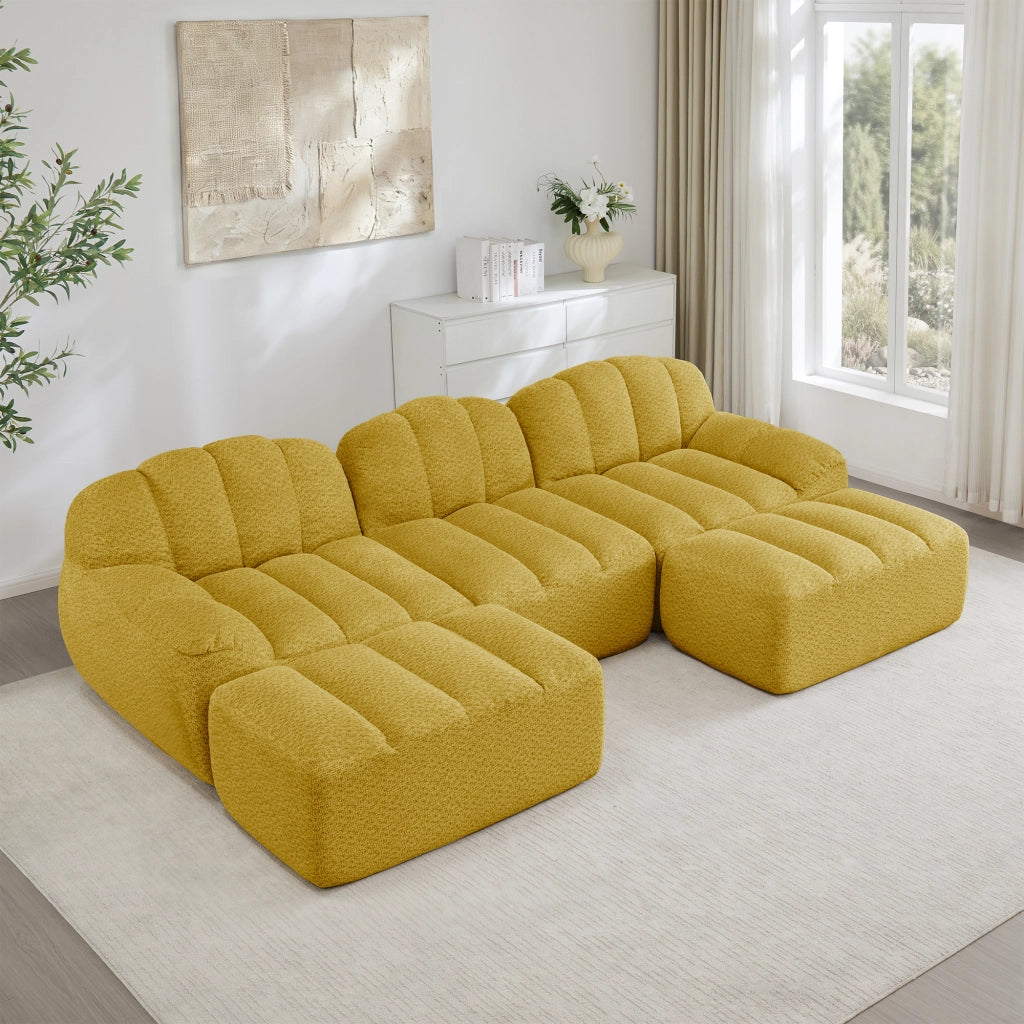 Divano modulare 3 posti con 2 pouf; schiuma 32D; tessuto giallo
