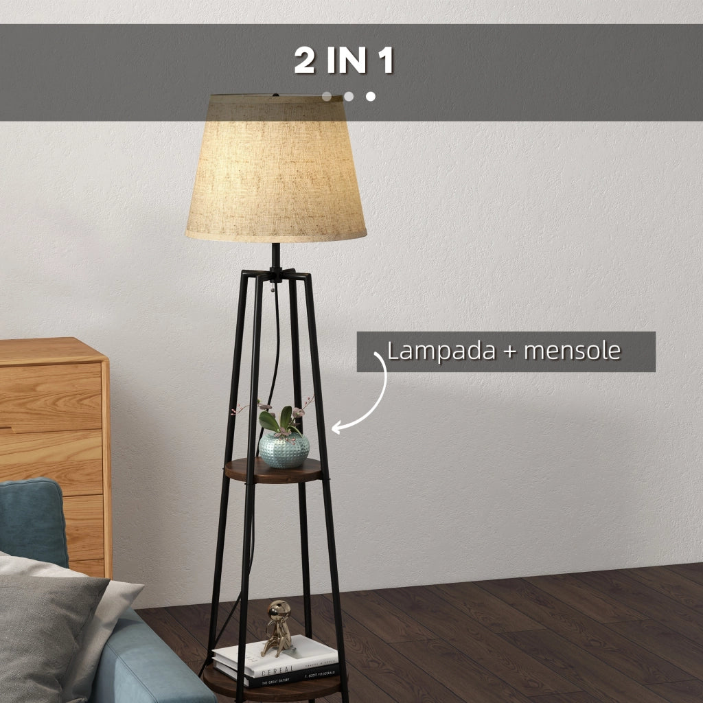 Lampada da Terra a 2 Ripiani ¨C Zephmum ¨C Nero e Marrone, Metallo e MDF, ?42x166 cm