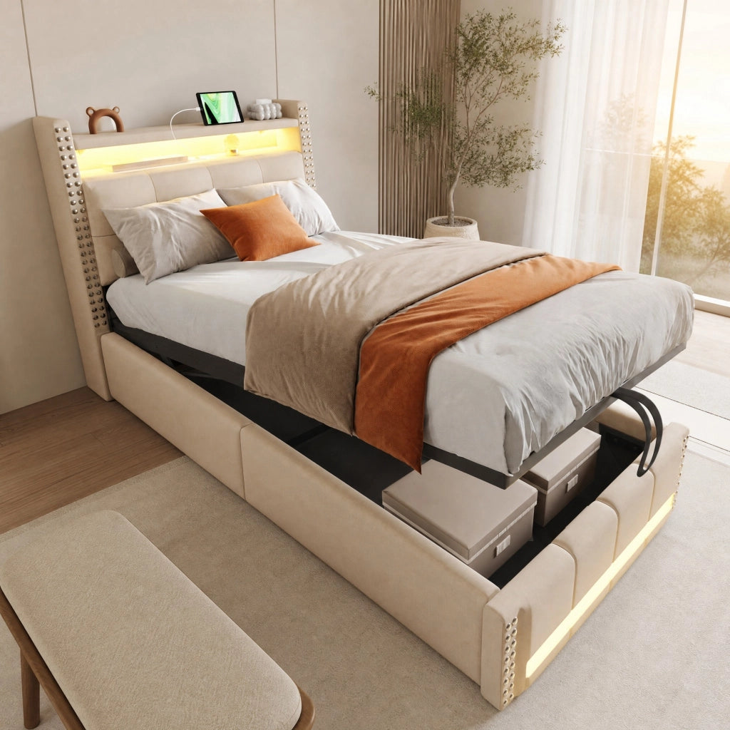 Letto singolo imbottito 90x200 cm con LED, USB e vano contenitore