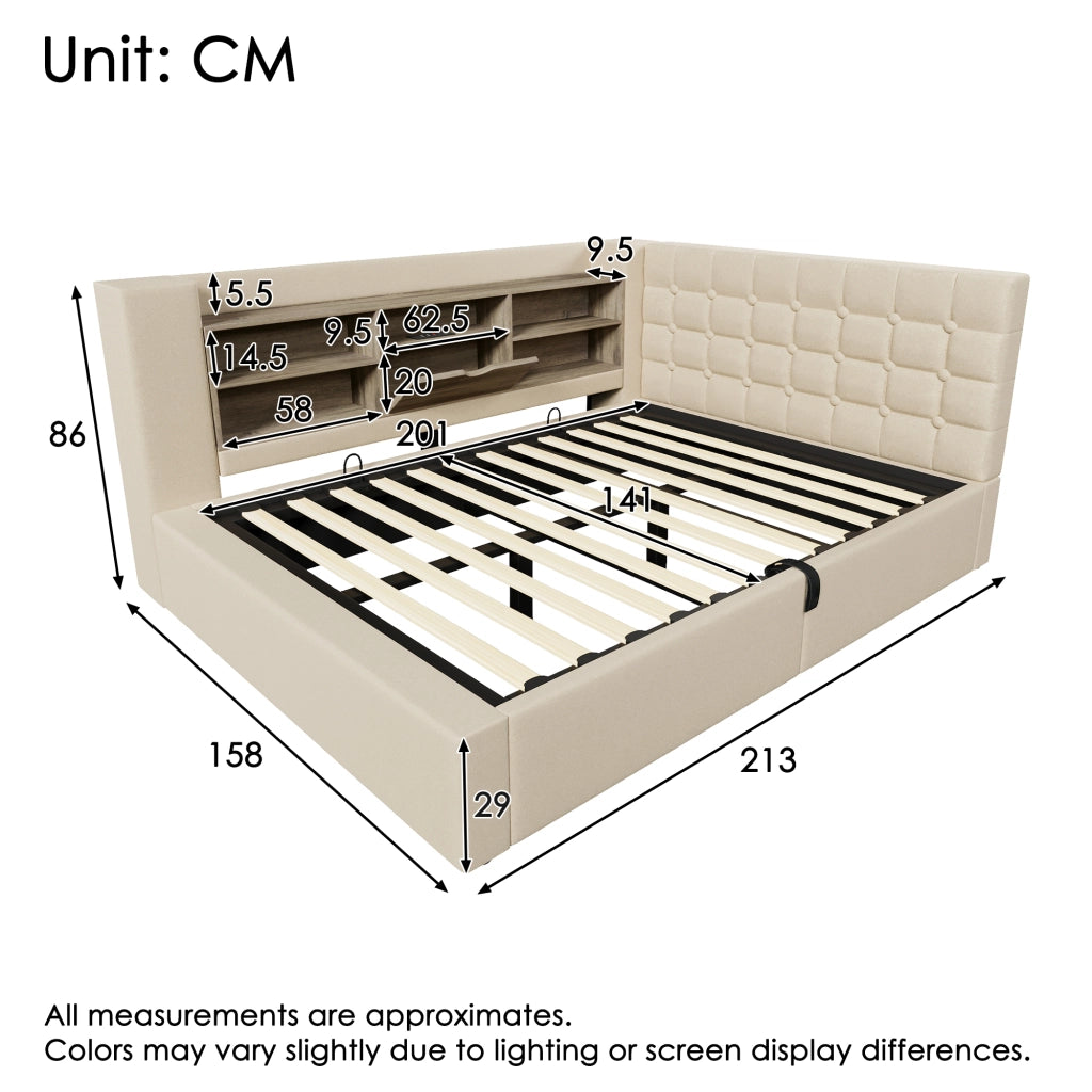 LETTO 140x200 cm con LED, USB e contenitore idraulico, Lino Beige