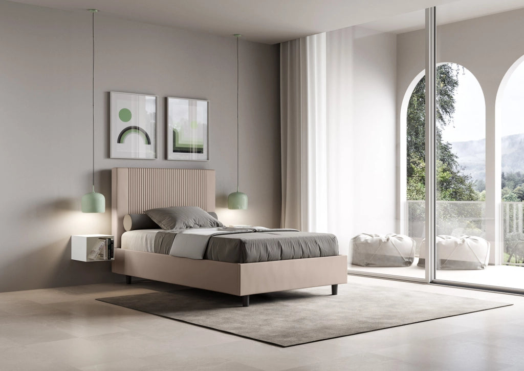 BS COM Letto una piazza e mezza senza rete imbottito 120x190 similpelle tortora