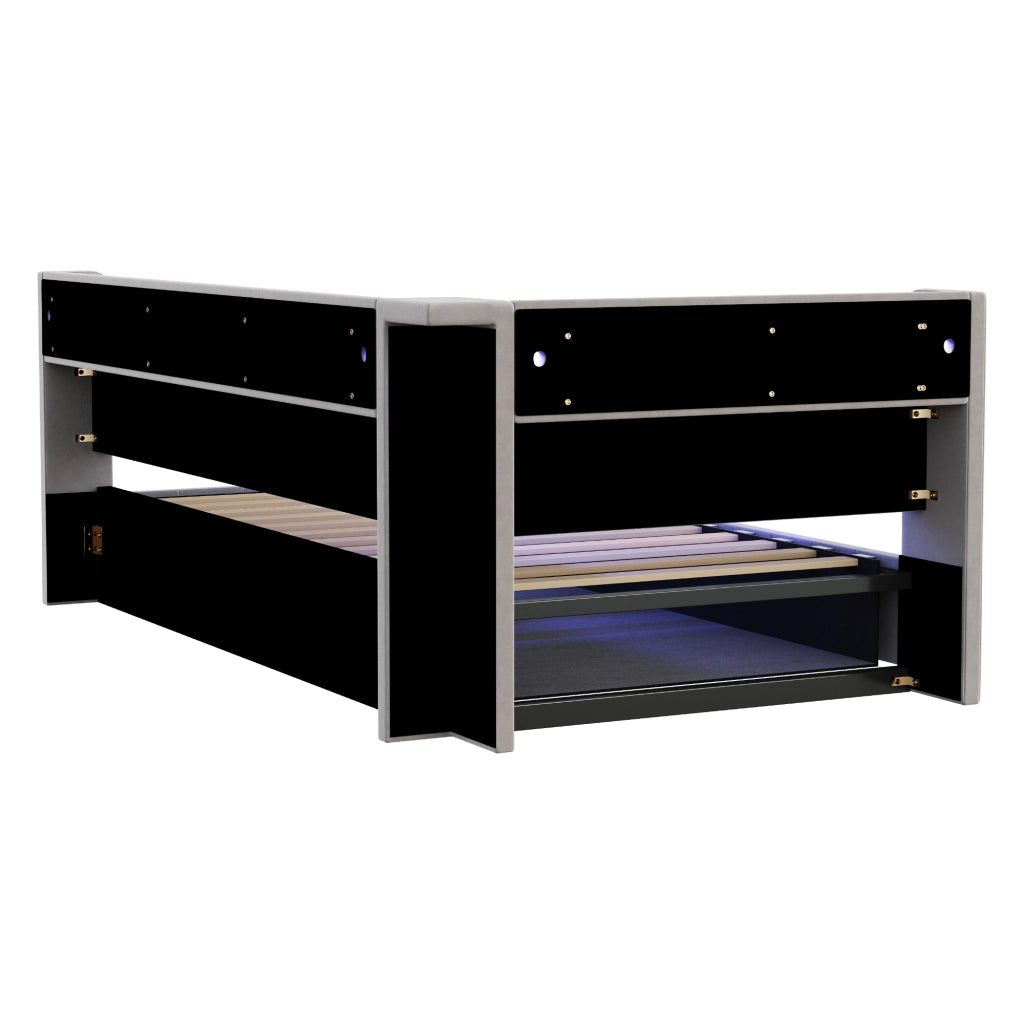 LETTO Contenitore 90x200 cm in velluto grigio chiaro con LED e prese USB/Type-C