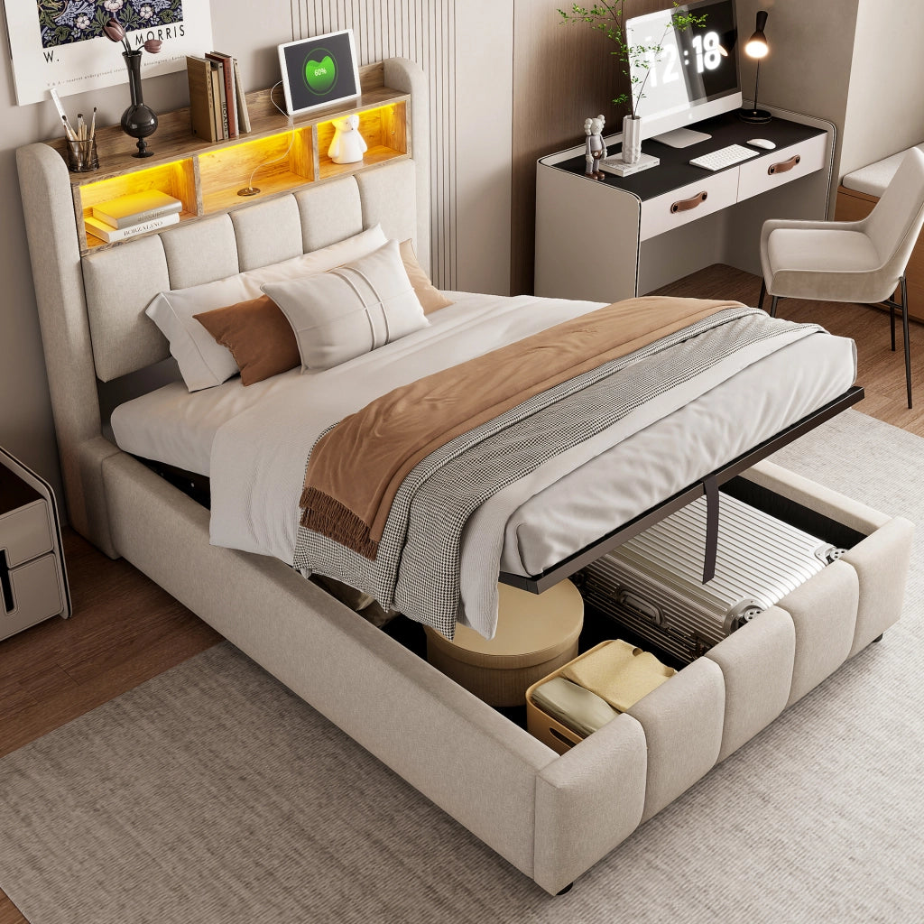 letto imbottito lino beige 90 x 200 cm