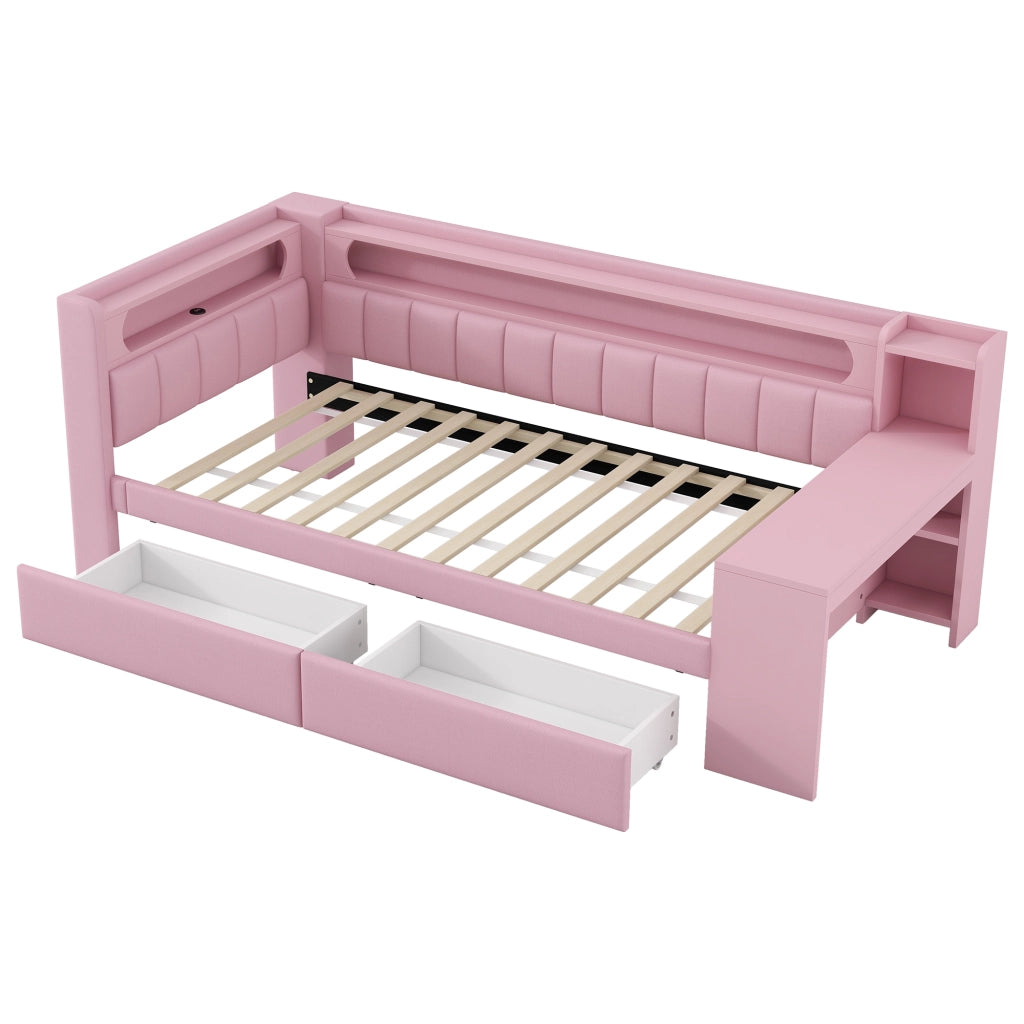 Lettino con scrivania 90x200; porte USB; striscia LED; 2 cassetti; rosa