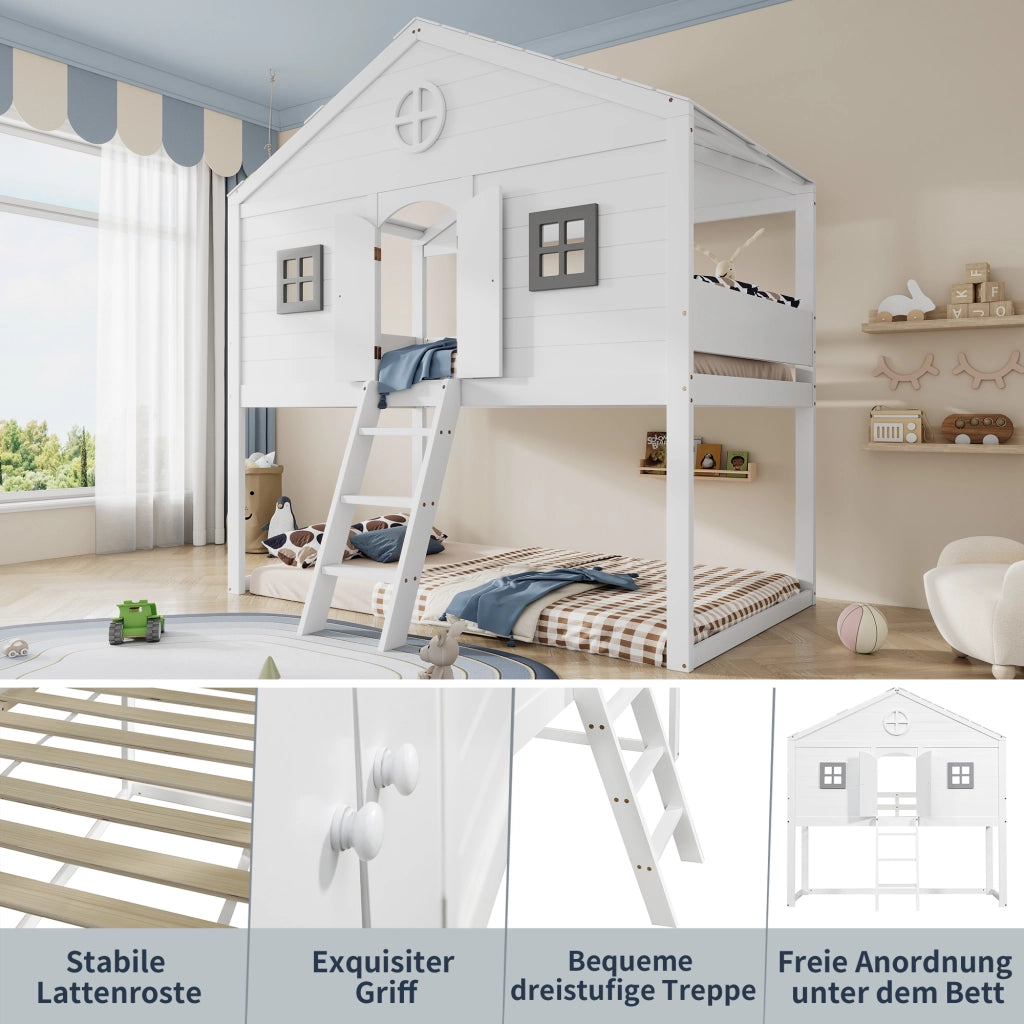 LETTO A SOPPALCO con scala 90x200 cm legno massello e MDF bianco e grigio