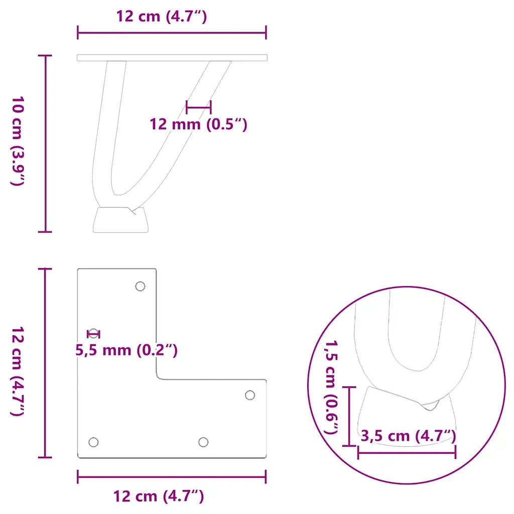 Gambe a forcina per tavolino 4 pz | Piede del tavolo in acciaio naturale 10 cm in acciaio massiccio