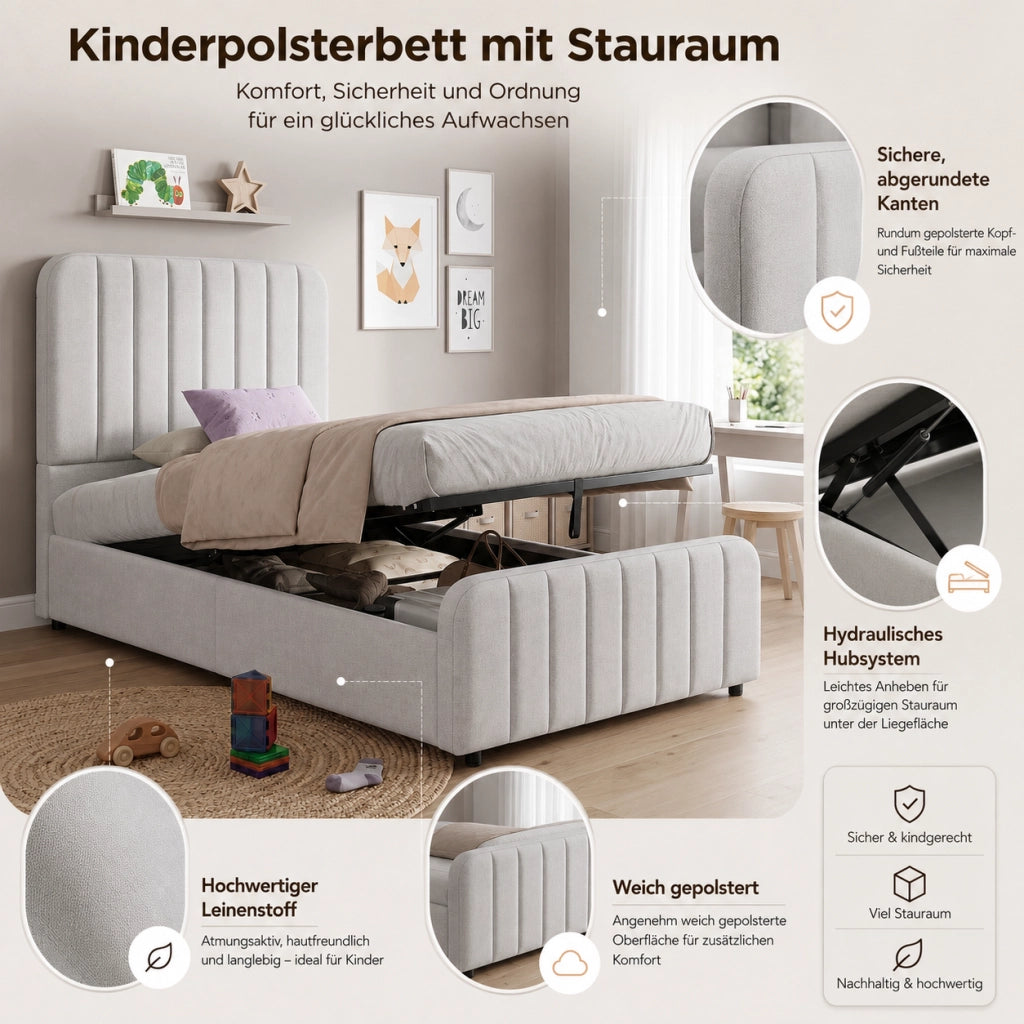 LETTO Contenitore 90x200 cm con rete sollevabile Grigio in lino