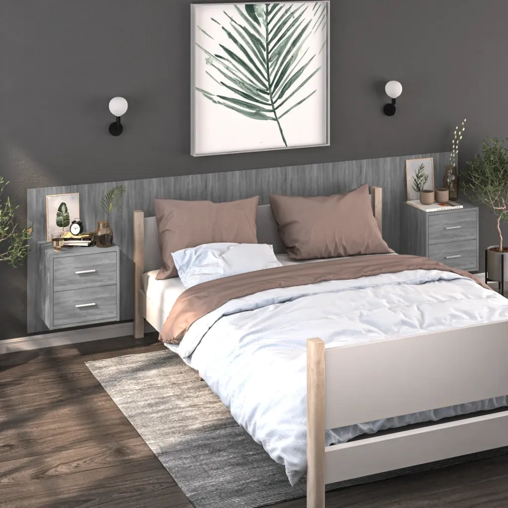 Set di 2 Comodini | Armadio da Notte | Mobiletto da notte a Muro Grigio Sonoma