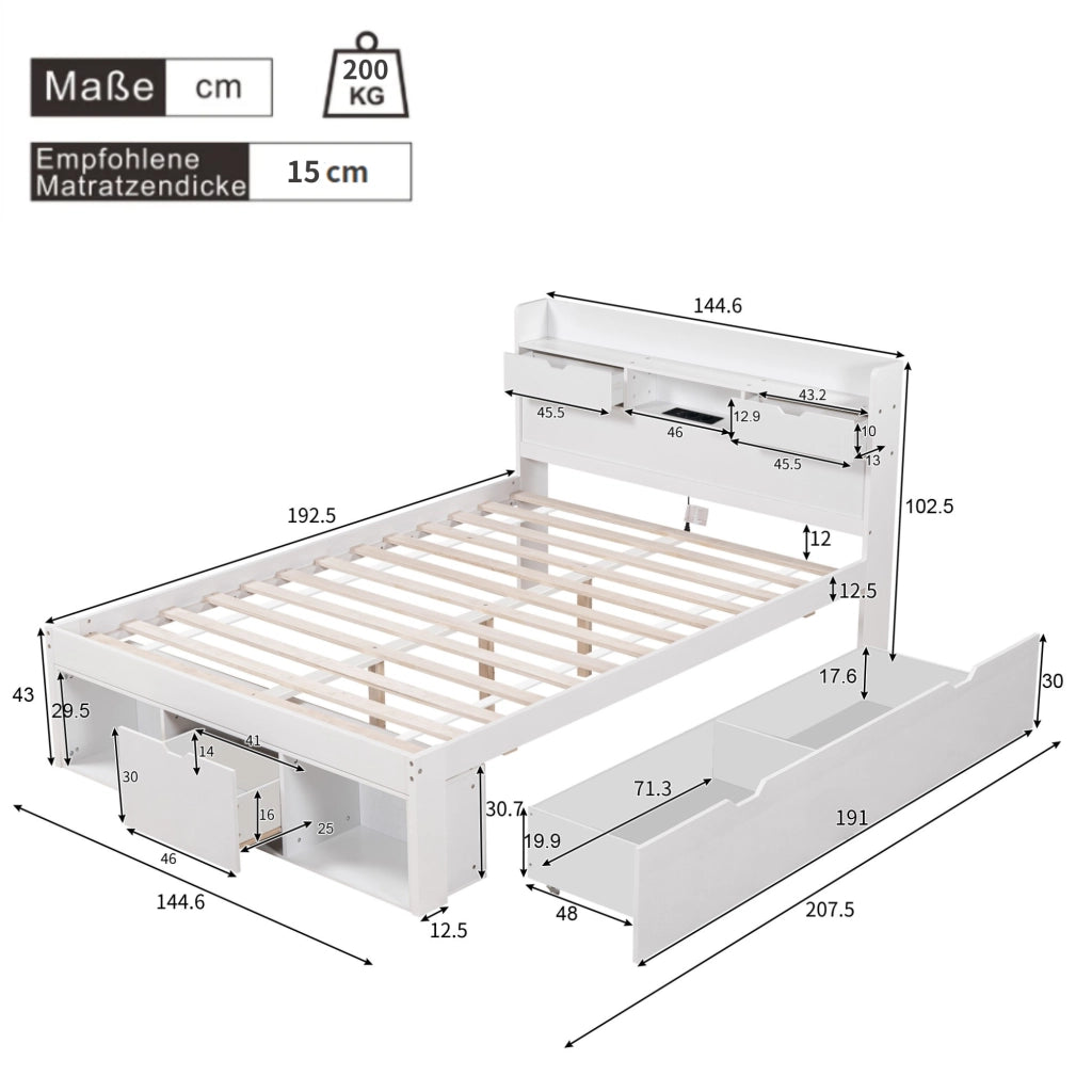 Letto doppio - Zephmum - 140x190cm - Bianco - USB, cassetti, armadio