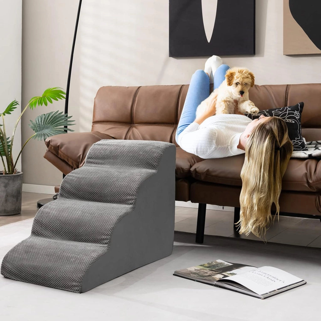 Rampa per Cani con 4 Scalini in Schiuma
Scala per Animali con Copertura Lavabile con Cerniera, Ideale per Animali Piccoli, Anziani e Feriti, 41x72x51cm, Portata 30kg