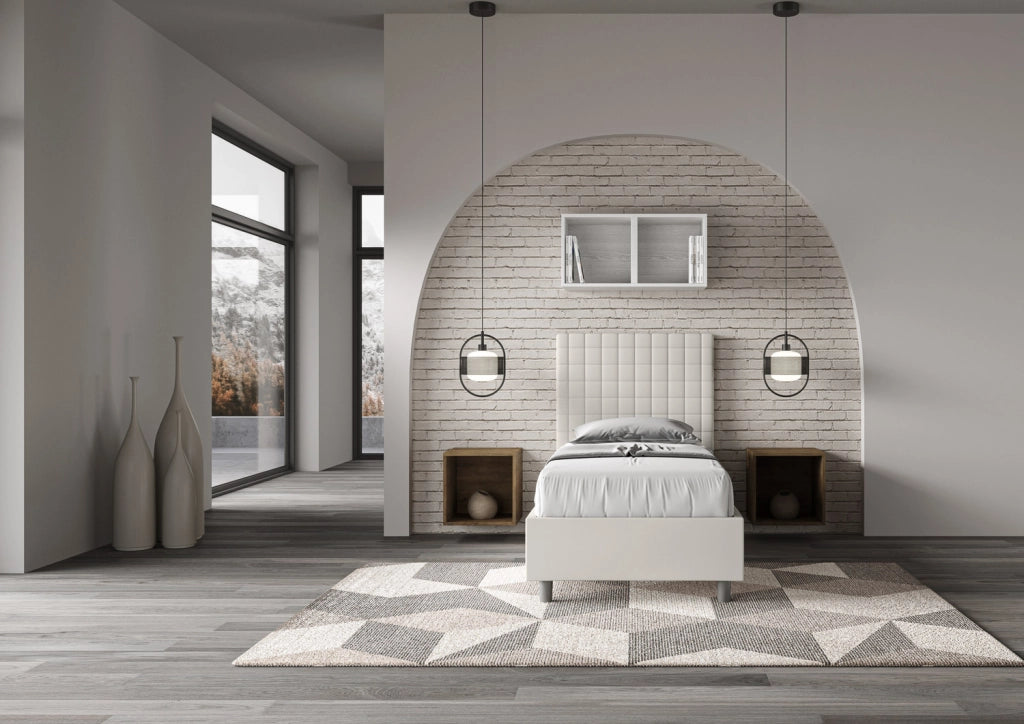 BS COM Letto singolo con rete imbottito 90x200 similpelle bianco