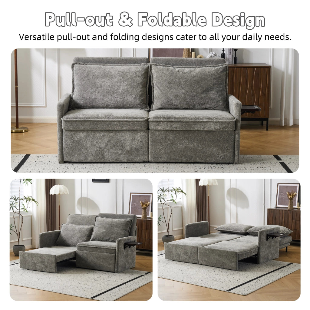 Divano letto con cuscini e USB ¨C Minimal ¨C 3 in 1, schienale regolabile, contenitore, chenille, grigio