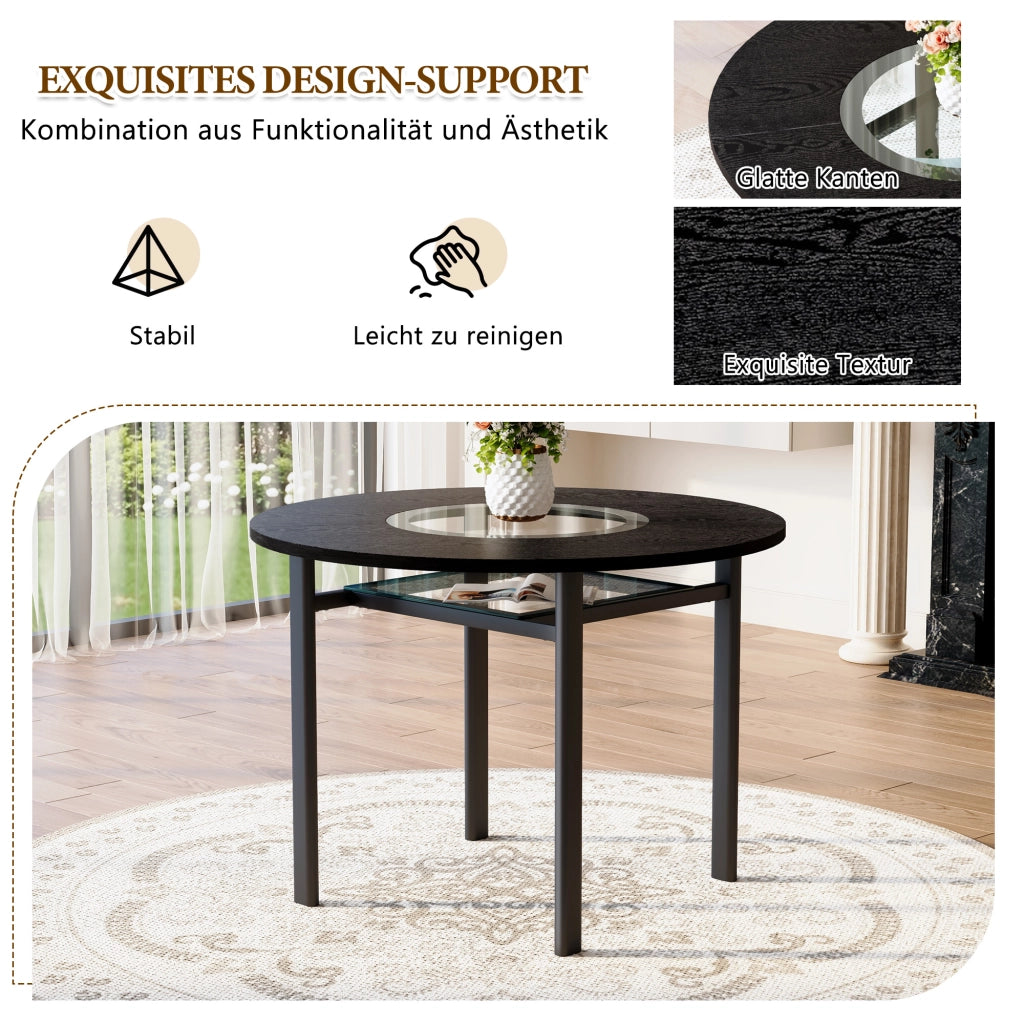 Tavolo da pranzo rotondo per 2-4 persone con inserto in vetro, base in metallo, per soggiorno e cucina, nero, 100 cm