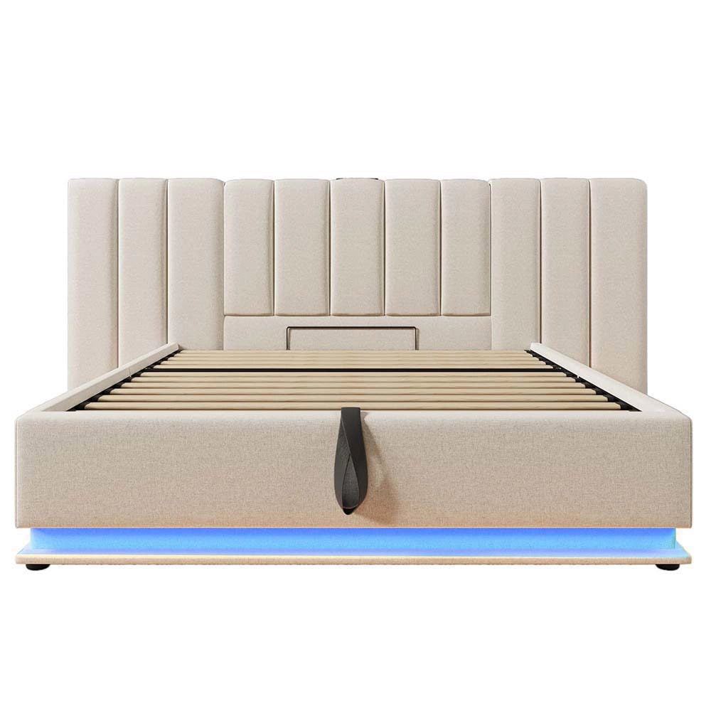 Letto matrimoniale con cassetti - Xylo - 160x200 cm - Lino Beige - Controllo App LED, USB-C