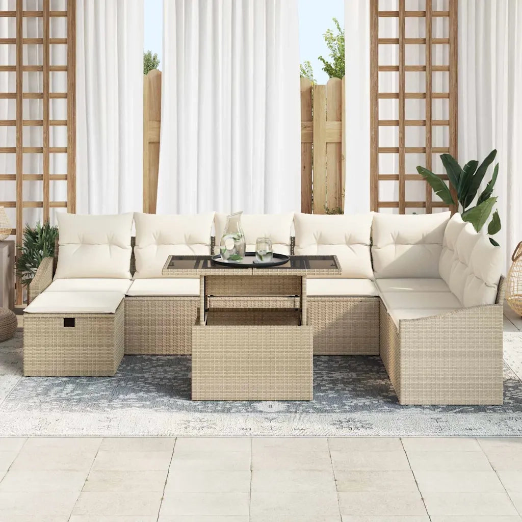 Set Divano da Giardino con cuscino 9 pcs Beige Poly Rattan