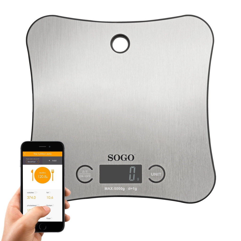 Bilancia da cucina digitale con Bluetooth 5 kg, app nutrizionale, display LCD e base in acciaio inox - Sogo
