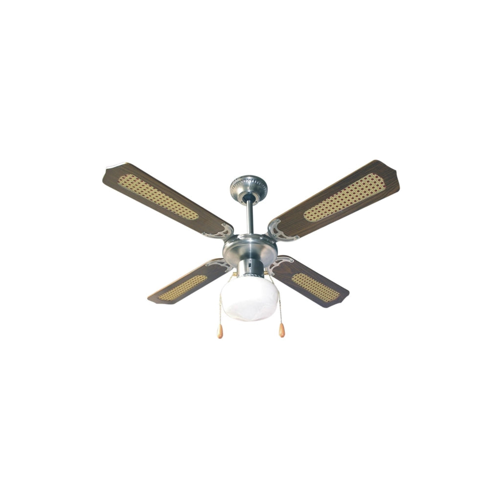 Ventilatore a Soffitto Zephir ZFS9107M 107 cm con Luce E27 – 4 Pale in Legno Rattan, 3 Velocità e Reversibile