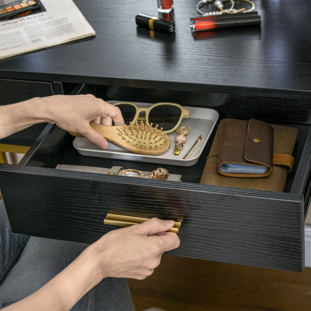 Cassettiera da trucco con specchio e luci, sgabello imbottito ¨C Minimal ¨C nero