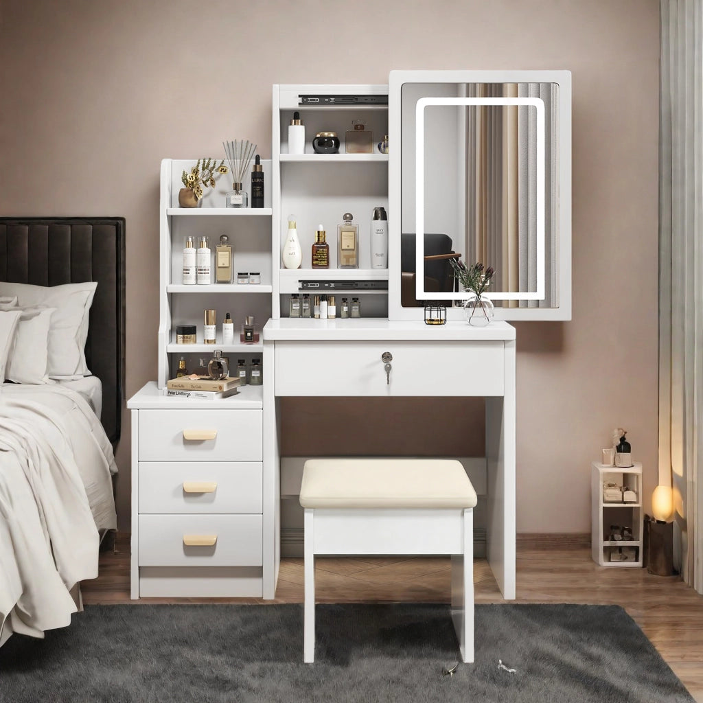 Tavolo Trucco con Specchio Illuminato e Sgabello, 4 Cassetti, Luce 3 Colori ¨C MINIMAL ¨C Bianco 85x130x36cm
