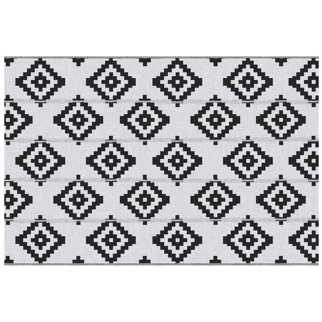 Tappeto Esterno per Balcone e Terrazza Reversibile con Fantasia Geometrica, 2.74x1.82 m, Nero e Bianco