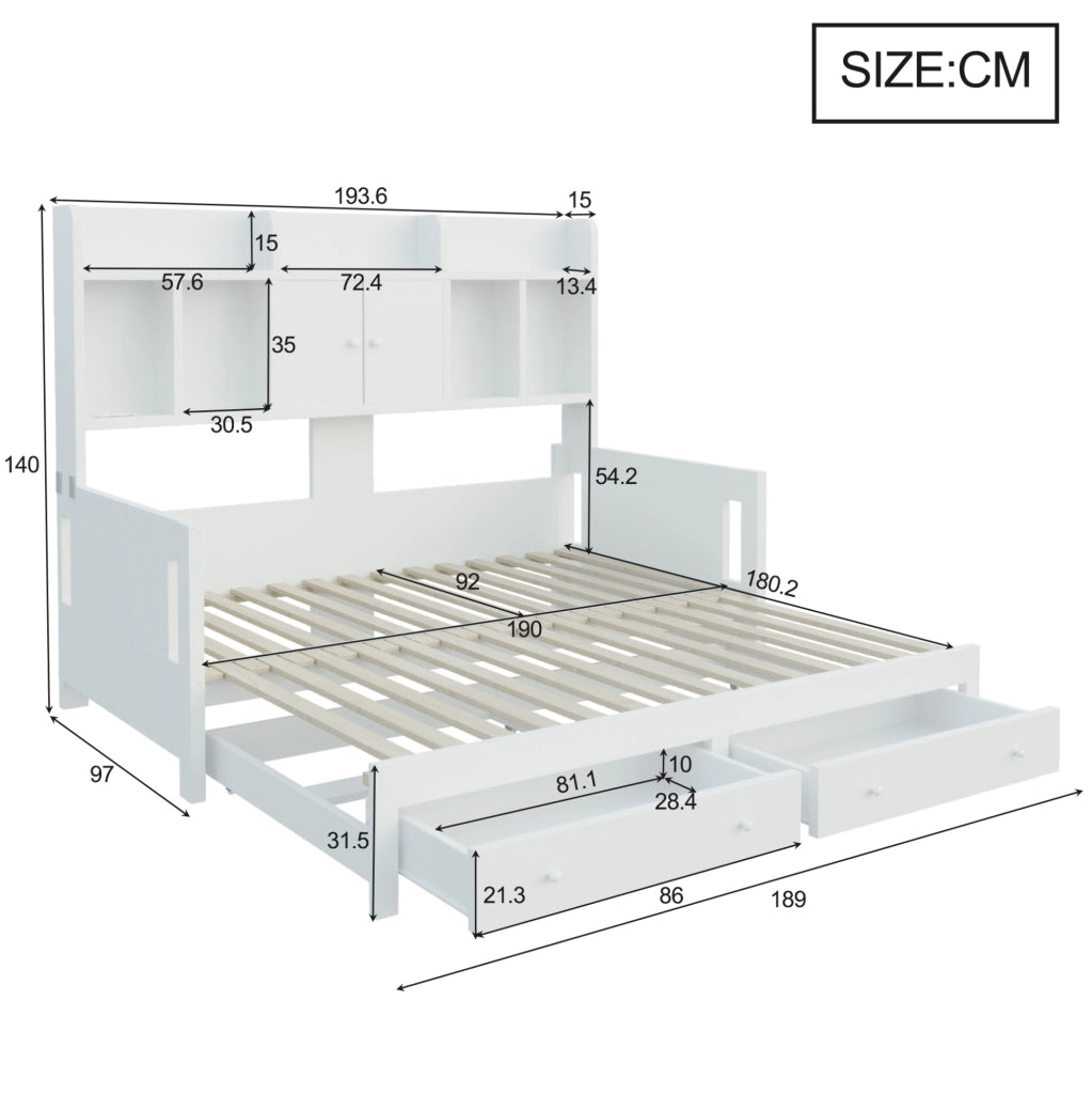 Divano letto estraibile 90x190 cm con 2 cassetti; prese e LED; bianco