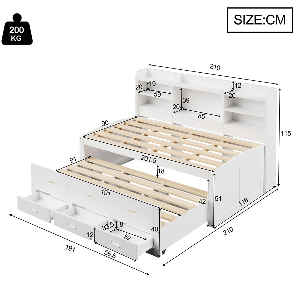 Daybed - Xylo - 90x200 cm LED USB 3 cassetti bianco