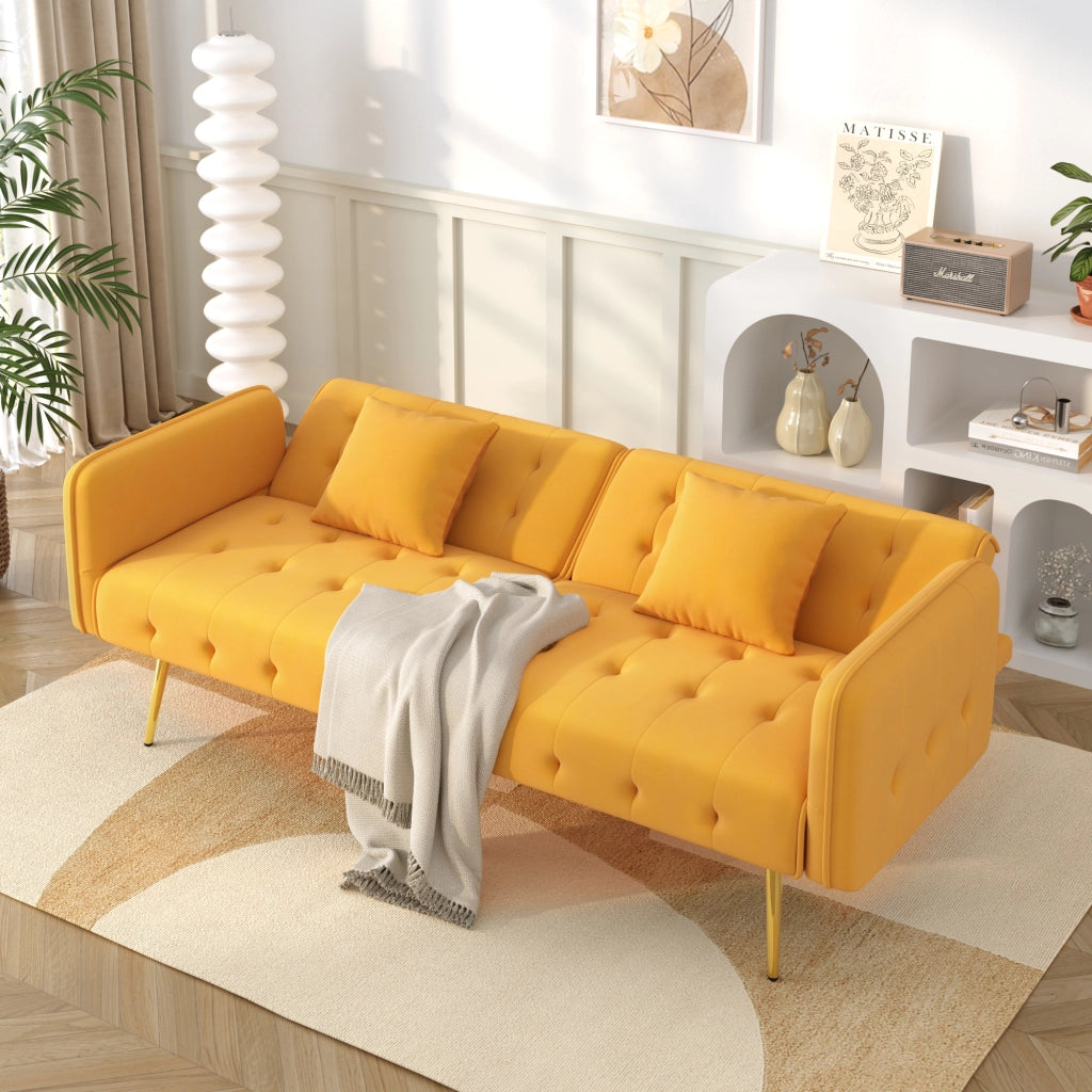 OKWISH Divano Letto 2 Posti, Schienali e Braccioli Regolabili, con Cuscini, Velluto ed Espanso, Giallo