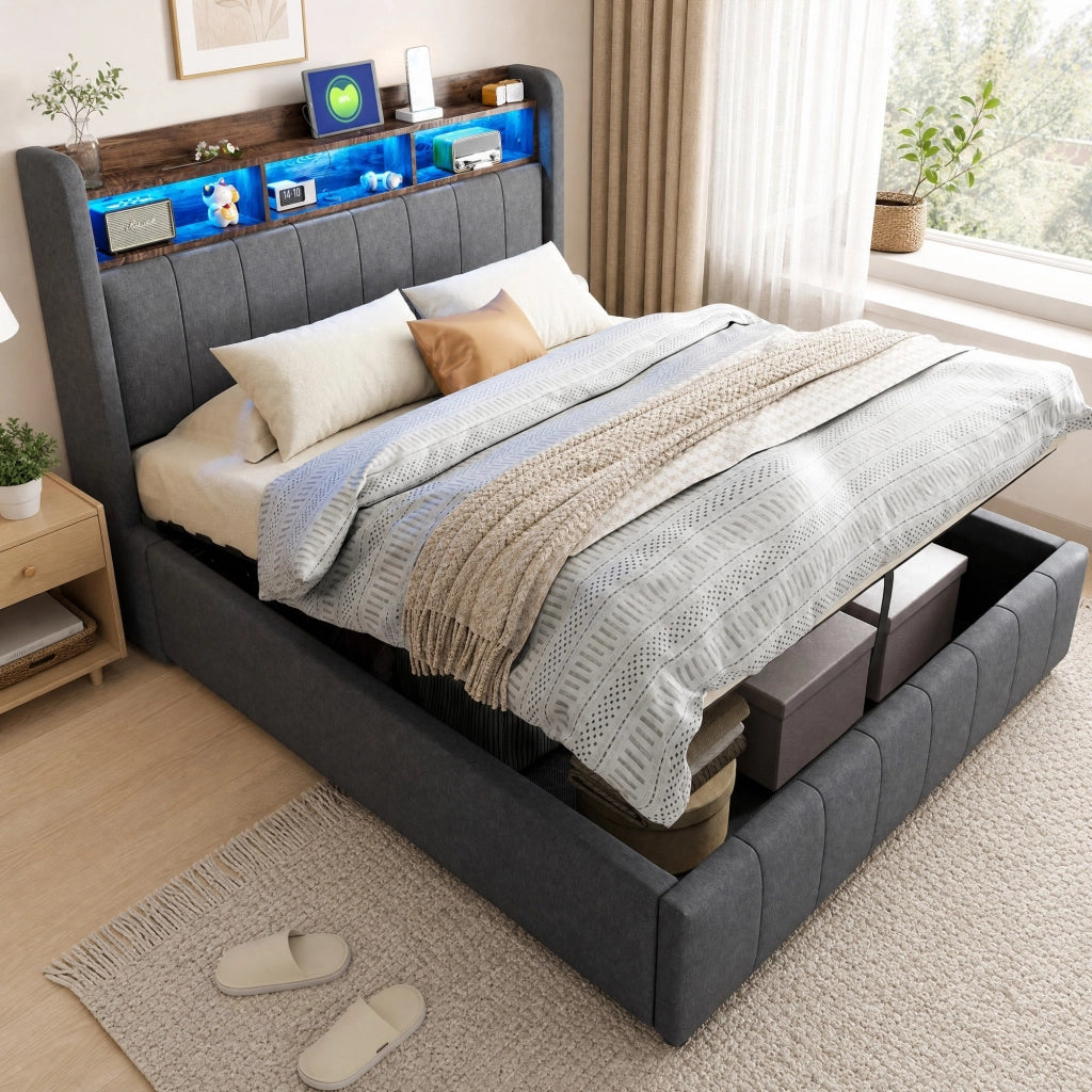 LETTO Imbottito 140x200 cm Grigio con LED, USB, Tipo C e vano contenitore