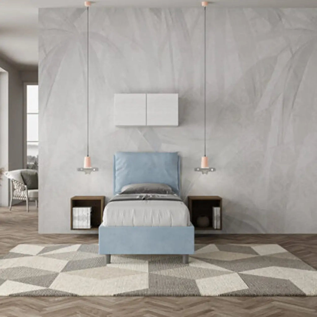 Letto singolo senza rete imbottito 80x190 microfibra azzurro Antea