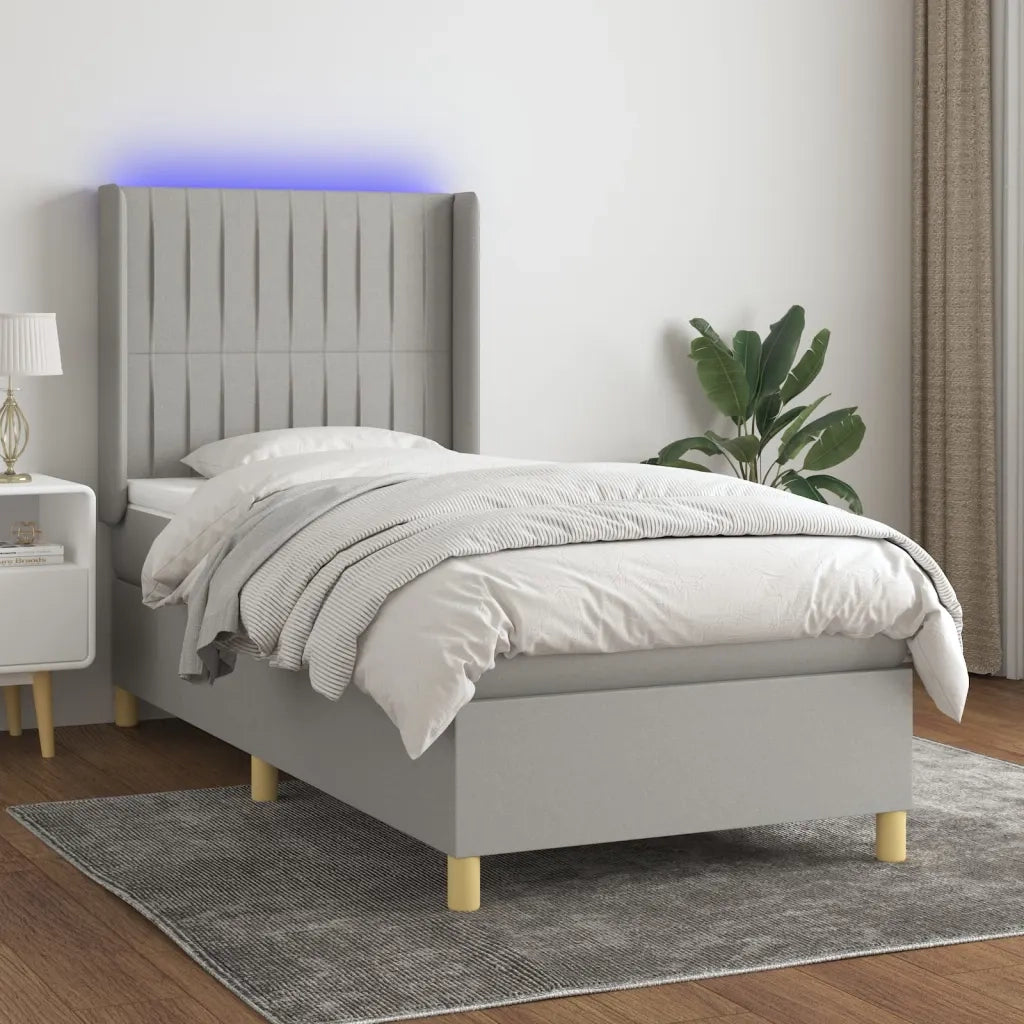 Letto singolo | Letto per adulti | Letto a Molle Materasso e LED Grigio Chiaro 90x190 cm Tessuto
