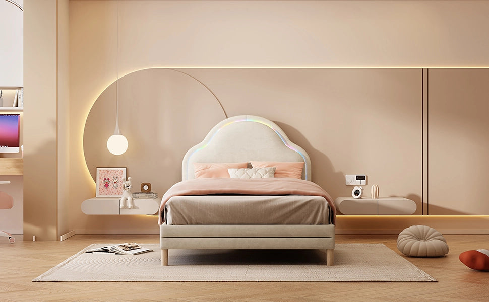 Letto Singolo Imbottito con Testiera LED a Nuvola ¨C MINIMAL ¨C Velluto Beige 90x200