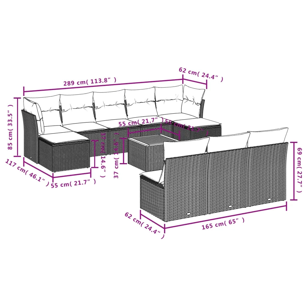 Set Divani da Giardino 11 pz con Cuscini in Polyrattan Nero 3256196