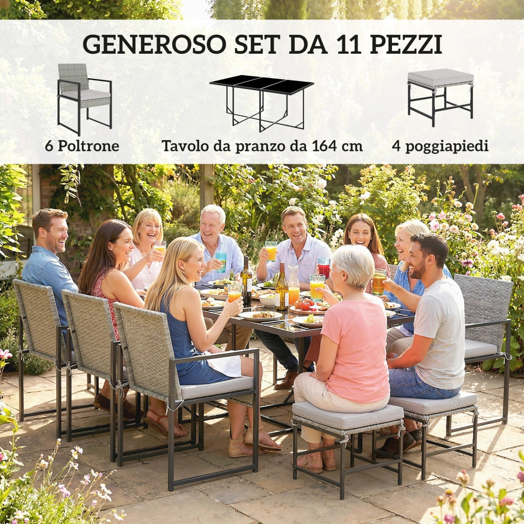 Set pranzo giardino 11 pezzi ¨C Xylo ¨C 6 poltrone, 4 pouf, grigio