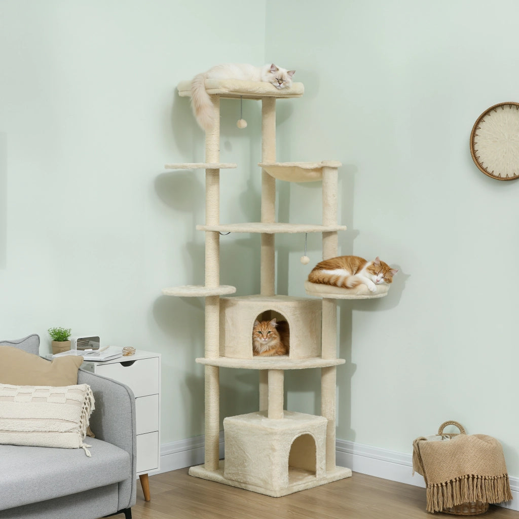 Tiragraffi per gatti multilivello 200cm ¨C Xylo ¨C con 2 casette, 2 lettini e amaca, beige