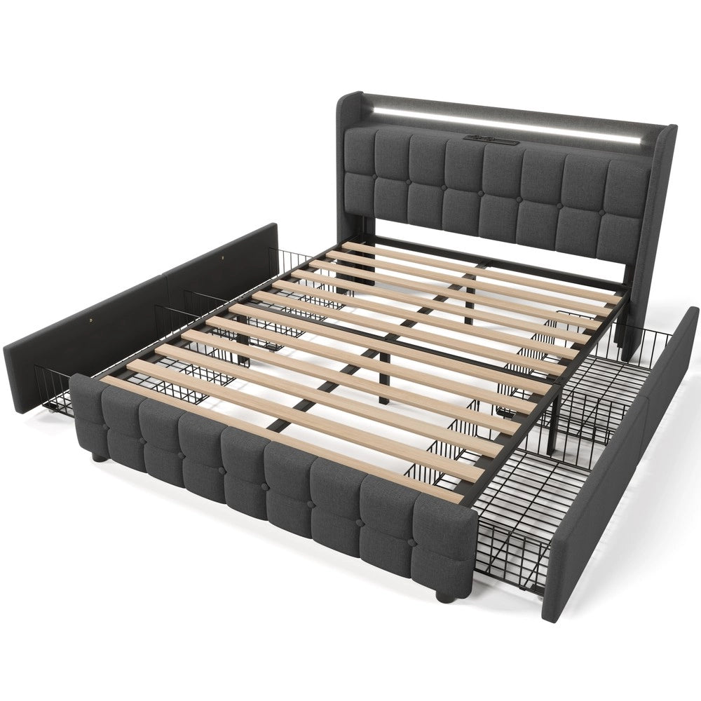 Letto Imbottito con LED, USB e Cassetti ¨C MINIMAL ¨C Grigio, 160x200